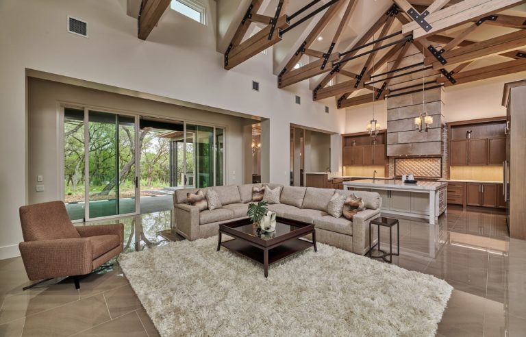 large living room with wooden ceiling beams